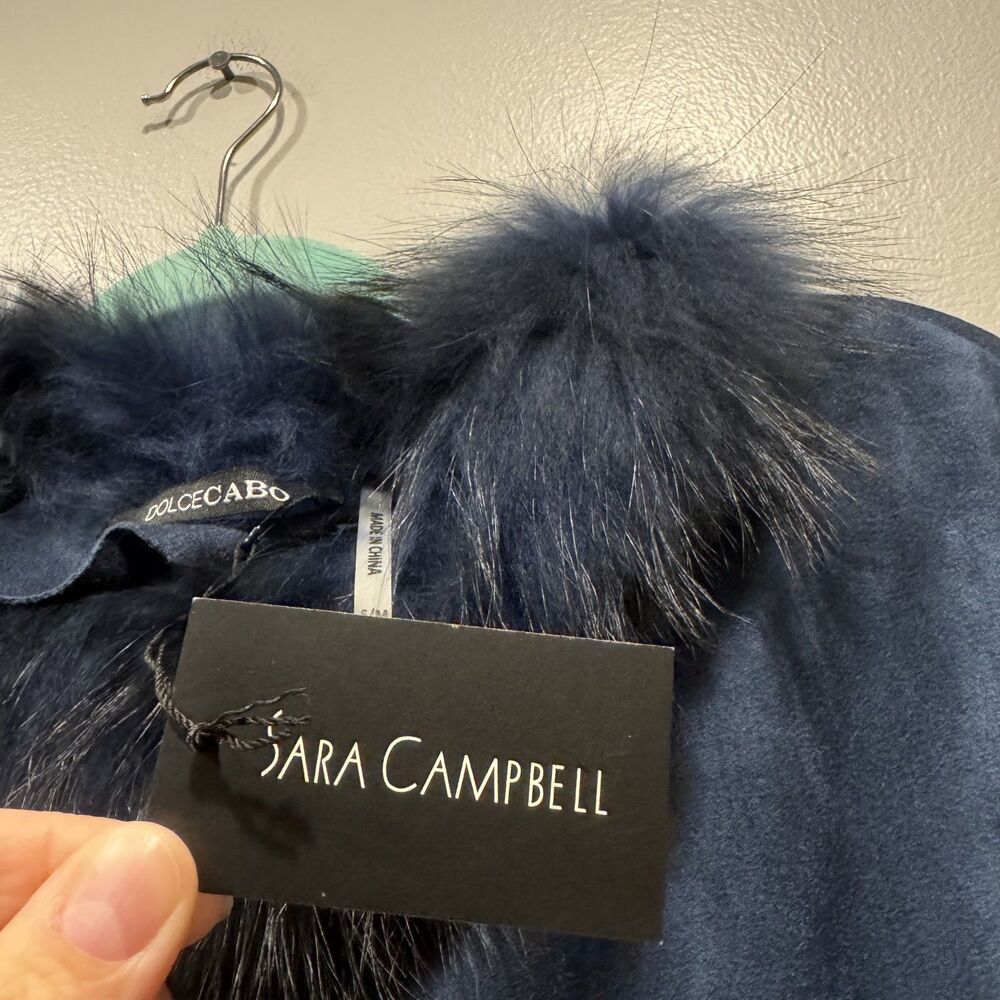 NWT Dolce Cabo Poncho Faux Suede Navy Blue Raccoon Fur Trim Luxe Cape Wrap S/M - Picture 5 of 9